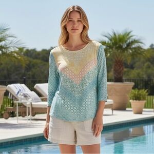 Women's Large Teal Knit Yellow Peach Beaded Layered 3/4 Sleeve Casual Blouse